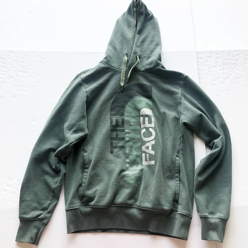 The North Face Sweatshirt Mens Small Graphic Hoodie Green Vertical Logo Pullover